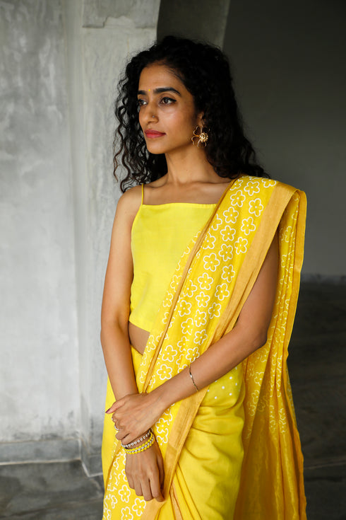 Handwoven Handprinted  Yellow Bengal Cotton Saree